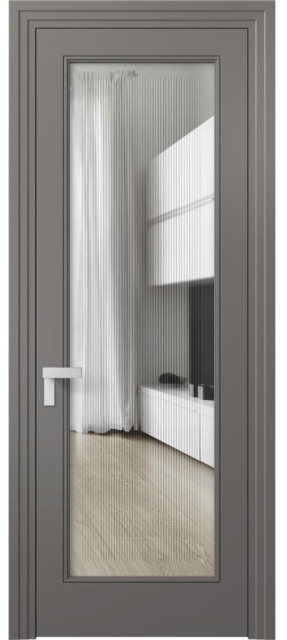 Межкомнатная дверь Рокка 8300 Матовый классический серый Прозрачное стекло с гравировкой "Каннелюры", триплекс Цена 75174 ₽ | Volhovec