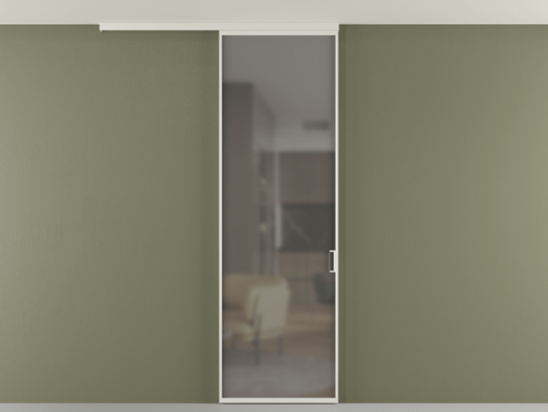 Перегородка Formato вдоль стены на потолок одностворчатая АЛПР 040.01 Алюминий Белый Сатинированное серое стекло, триплекс Цена 107130 ₽ | Volhovec