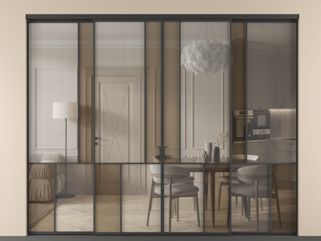 Перегородка Mosaic внутри проёма 4 створки АЛПР 041.20 Алюминий Черный Декоративное стекло с сеткой "Mesh silver", триплекс, 6 мм + Прозрачное бронзовое стекло, триплекс. Скрытый короб ЧЕР Цена 465960 ₽ . Фабрика дверей Волховец 8 (800) 551 43 19 Перегородка Mosaic внутри проёма 4 створки АЛПР 041.20 Алюминий Черный Декоративное стекло с сеткой "Mesh silver", триплекс, 6 мм + Прозрачное бронзовое стекло, триплекс Цена 465960 ₽ | Volhovec