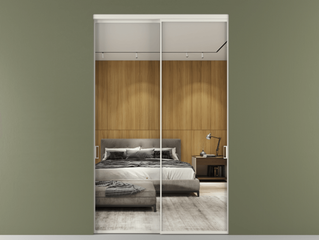 Перегородка Formato внутри проёма двустворчатая АЛПР 040.01 Алюминий Белый Двустороннее зеркало, триплекс 6 мм, триплекс 6 мм Цена 179600 ₽  | Volhovec