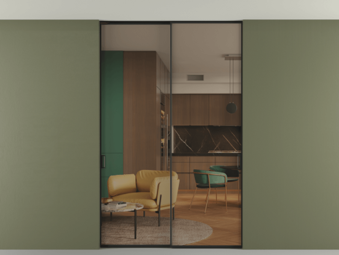 Перегородка Formato внутри проёма скрытое крепление в потолок 2 створки АЛПР 040.01 Алюминий Черный Прозрачное бронзовое стекло, триплекс Цена 240988 ₽ | Volhovec