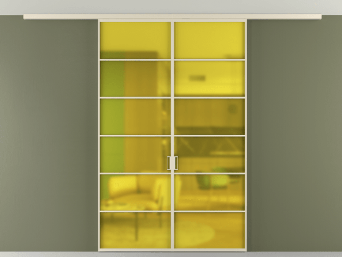 Перегородка Formato вдоль стены на потолок 2 створки АЛПР 040.04 Алюминий бежево-серый Сатинированное жёлтое стекло, триплекс Цена 245080 ₽ | Volhovec