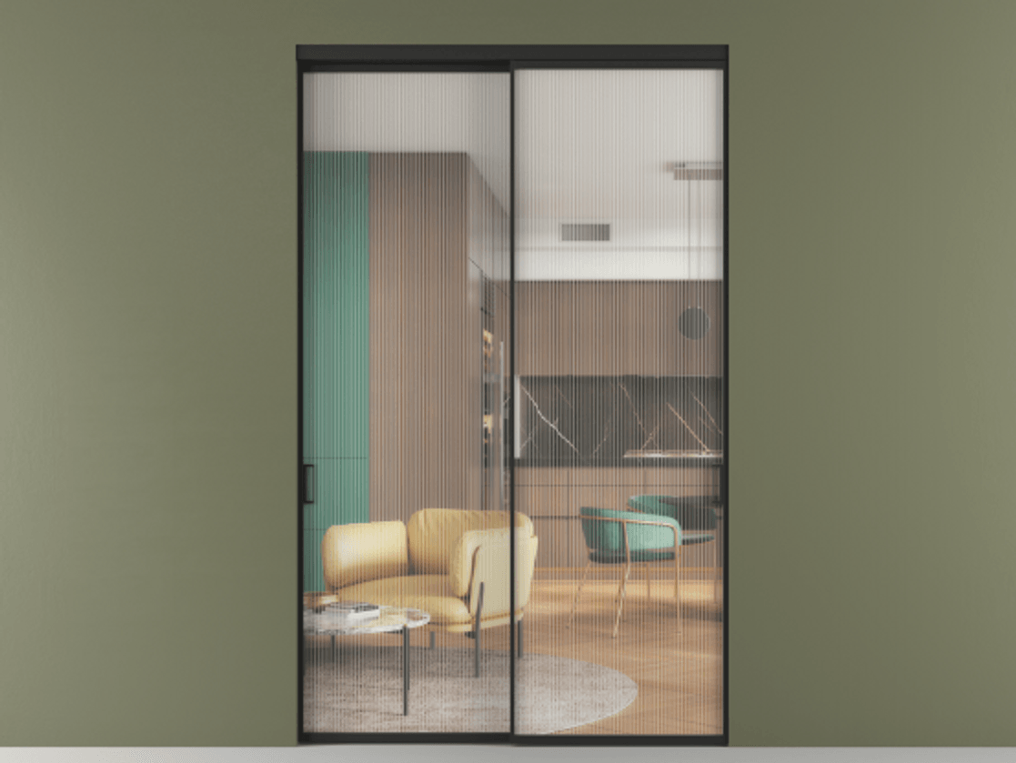 Перегородка Formato внутри проёма двустворчатая АЛПР 040.01 Алюминий Черный Рифлёное стекло "Moru", триплекс Цена 445800 ₽  | Volhovec