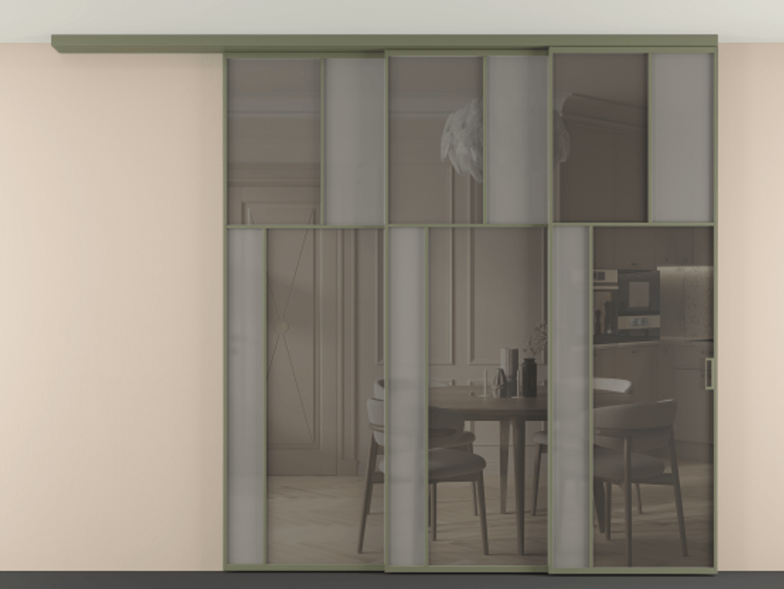 Перегородка Mosaic вдоль стены телескопик синхро 3 АЛПР 041.22 Алюминий оливковый тёмный Сатинированное серое стекло, триплекс, 6 мм + Прозрачное серое стекло, триплекс, 6 мм.  Цена 470080 ₽ . Фабрика дверей Волховец 8 (800) 551 43 19  Перегородка Mosaic вдоль стены телескопик синхро 3 АЛПР 041.22 Алюминий оливковый тёмный Сатинированное серое стекло, триплекс, 6 мм + Прозрачное серое стекло, триплекс, 6 мм Цена 470080 ₽ | Volhovec