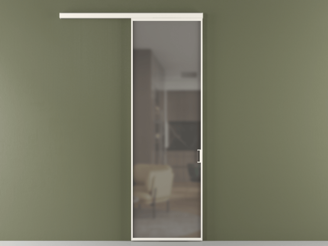 Межкомнатная дверь New Перегородка Formato вдоль стены одностворчатая АЛПР 040.01 Алюминий пудровый белый Сатинированное серое стекло, триплекс, 6 мм Цена 62500  | Volhovec