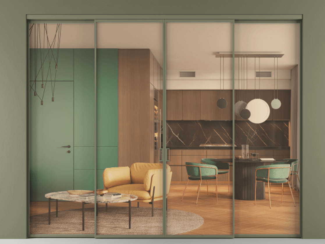 Перегородка Формато внутри проёма 4 створки АЛПР 040.01 Алюминий оливковый тёмный Прозрачное оранжевое стекло, триплекс Цена 319840 ₽  | Volhovec