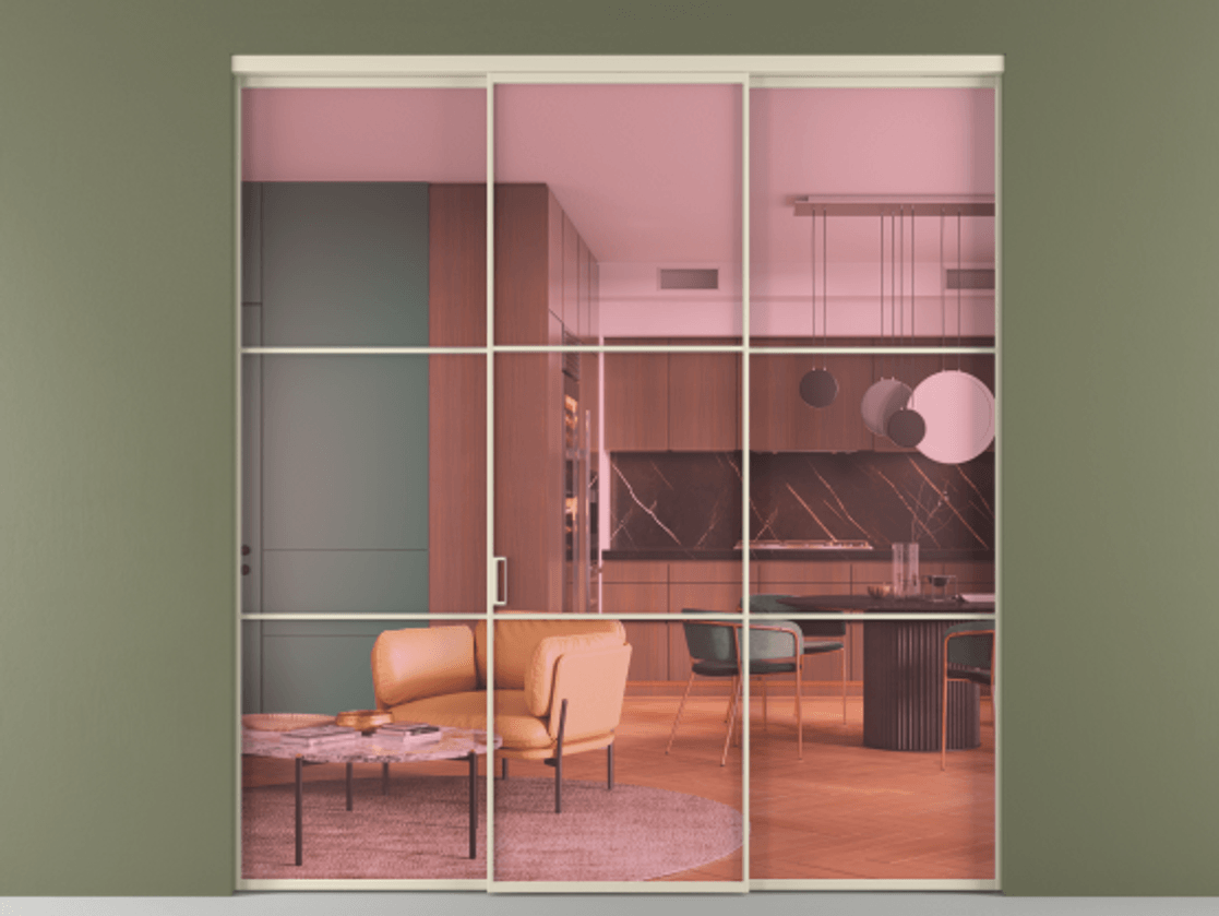 Перегородка Formato внутри проёма 3 створки АЛПР 040.03 Алюминий бежево-серый Прозрачное розовое стекло, триплекс Цена 260970 ₽ | Volhovec