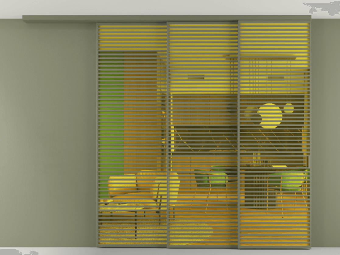 Перегородка Formato вдоль стены на потолок 3 створки с синхронным механизмом АЛПР 040.07 Алюминий оливковый тёмный Прозрачное жёлтое стекло, триплекс Цена 687840 ₽ | Volhovec