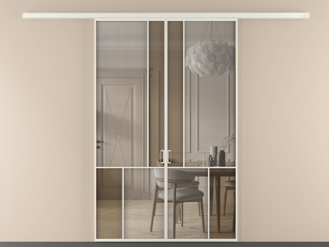 Перегородка Mosaic вдоль стены двустворчатая АЛПР 041.20 Алюминий Белый Декоративное стекло с сеткой "Mesh silver", триплекс, 6 мм + Прозрачное бронзовое стекло, триплекс, 6 мм. Скрытый короб БЕЛ Цена 251560 ₽ . Фабрика дверей Волховец 8 (800) 551 43 19  Перегородка Mosaic вдоль стены двустворчатая АЛПР 041.20 Алюминий Белый Декоративное стекло с сеткой "Mesh silver", триплекс, 6 мм + Прозрачное бронзовое стекло, триплекс, 6 мм Цена 251560 ₽ | Volhovec