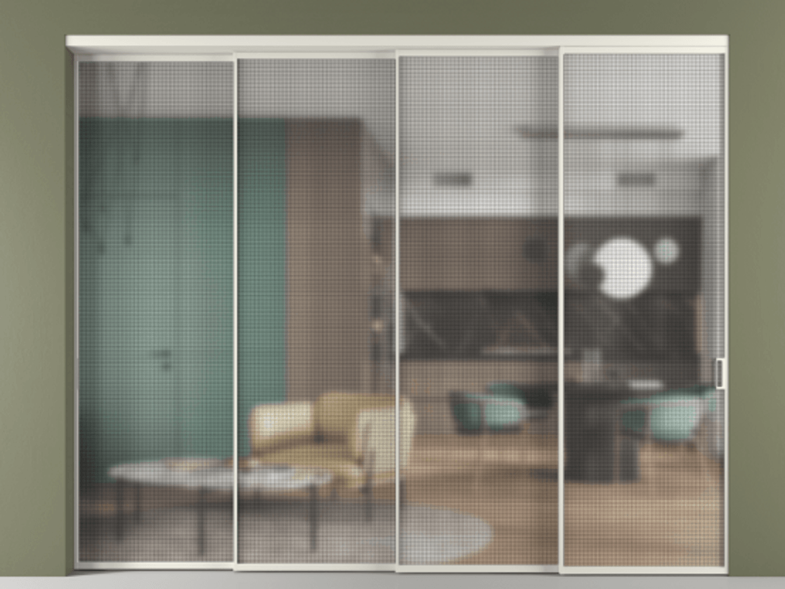 Перегородка Formato внутри проёма телескопик синхро 3 АЛПР 040.01 Алюминий Белый Декоративное стекло с сеткой "Mesh silver", триплекс, 6 мм. Скрытый короб БЕЛ Цена 426700 ₽ 1. Полотно 4 шт.  (800/2100 мм)
2. Комплект установки раздвижной системы
3. Базовый комплект фурнитуры
4. Комплект фурнитуры телескопик синхро-3
5. Ручка RONDO
. Фабрика дверей Волховец 8 (800) 551 43 19  Перегородка Formato внутри проёма телескопик синхро 3 АЛПР 040.01 Алюминий Белый Декоративное стекло с сеткой "Mesh silver", триплекс, 6 мм Цена 426700 ₽ | Volhovec