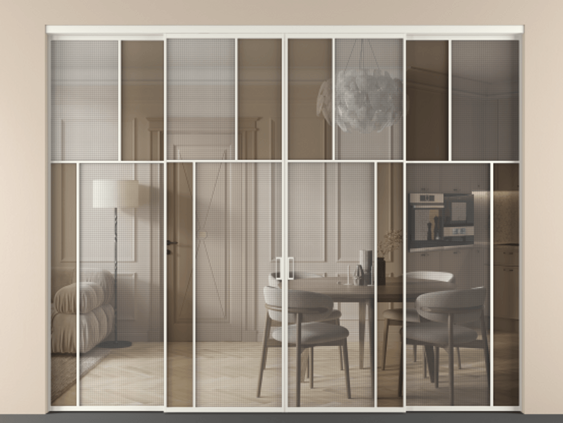 Перегородка Mosaic внутри проёма четырёхстворчатая АЛПР 041.23 Алюминий Белый Декоративное стекло с сеткой "Mesh silver", триплекс, 6 мм + Прозрачное бронзовое стекло, триплекс, 6 мм. Скрытый короб БЕЛ Цена 440720 ₽ . Фабрика дверей Волховец 8 (800) 551 43 19  Перегородка Mosaic внутри проёма четырёхстворчатая АЛПР 041.23 Алюминий Белый Декоративное стекло с сеткой "Mesh silver", триплекс, 6 мм + Прозрачное бронзовое стекло, триплекс, 6 мм Цена 440720 ₽ | Volhovec