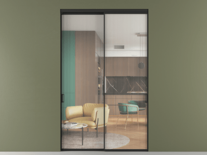 Алюминевая перегородка АЛПР 040.01_ЧРН_Moru_new. Цвет Алюминий Черный. Материал Алюминий. Коллекция Перегородка Formato внутри проёма двустворчатая. Картинка.