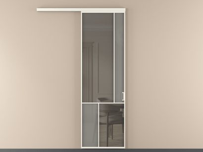 Алюминевая перегородка vd1_1 Алюминий пудровый белый Серый сатин матовое + Серый прозрачное. Цвет Алюминий пудровый белый. Материал Алюминий в эмали. Коллекция Перегородка Mosaic вдоль стены одностворчатая. Картинка.