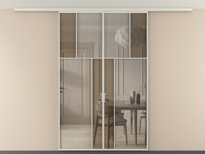 Алюминевая перегородка vdp2_2_АОС_MS+Бронза триплекс_new. Цвет Алюминий облачно-серый. Материал Алюминий в эмали. Коллекция Перегородка Mosaic вдоль стены на потолок двустворчатая. Картинка.