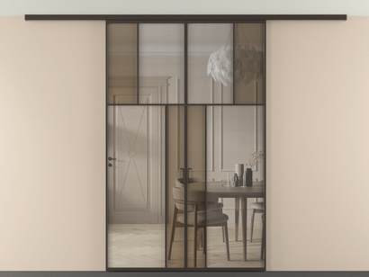 Алюминевая перегородка vdp2_2_ААН_MS+Бронза триплекс_new. Цвет Алюминий антрацит. Материал Алюминий в эмали. Коллекция Перегородка Mosaic вдоль стены на потолок двустворчатая. Картинка.