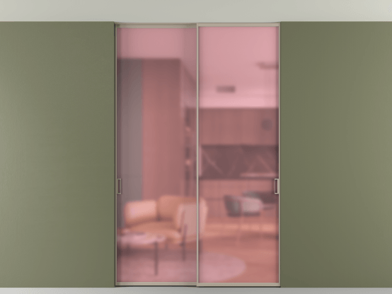 Алюминевая перегородка АЛПР 040.01_АБСК_САТ РОЗ_new. Цвет Алюминий бисквитный. Материал Алюминий в эмали. Коллекция Перегородка Formato внутри проёма скрытое крепление в потолок 2 створки. Картинка.