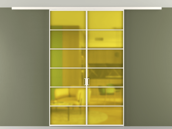 Алюминевая перегородка vd2_04 Алюминий пудровый белый Сатинированное жёлтое стекло, триплекс, 6мм. Цвет Алюминий пудровый белый. Материал Алюминий в эмали. Коллекция Перегородка Formato вдоль стены на потолок 2 створки. Картинка.