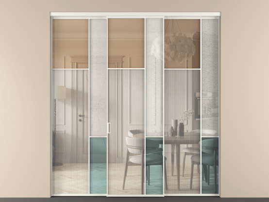 Алюминевая перегородка vn3_7 Алюминий светло-серый Четыре стекла. Цвет Алюминий светло-серый. Материал Алюминий в эмали. Коллекция Перегородка Mosaic внутри проёма 3 створки. Картинка.