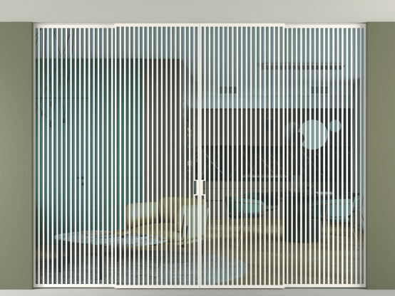 Алюминевая перегородка vn2+2_06 Алюминий пудровый белый Прозрачное голубое стекло, триплекс, 6мм. Цвет Алюминий пудровый белый. Материал Алюминий в эмали. Коллекция Перегородка Формато внутри проёма скрытое крепление в потолок 4 створки. Картинка.