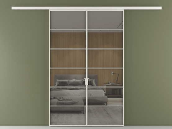 Алюминевая перегородка АЛПР 040.04_АСР_Stopsol Grey_new. Цвет Алюминий серый. Материал Алюминий в эмали. Коллекция Перегородка Formato вдоль стены 2 створки. Картинка.