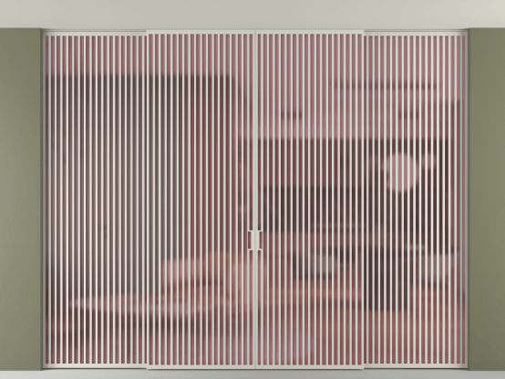 Алюминевая перегородка vn2+2_06 Алюминий тёплый серый Сатинированное розовое стекло, триплекс, 6мм. Цвет Алюминий тёплый серый. Материал Алюминий в эмали. Коллекция Перегородка Formato внутри проёма скрытое крепление в потолок 4 створки. Картинка.