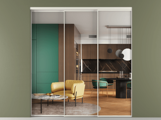 Алюминевая перегородка vn3_01 Crystalvision БЕЛ. Цвет Алюминий Белый. Материал Алюминий. Коллекция Перегородка Formato внутри проёма 3 створки с синхронным механизмом. Картинка.