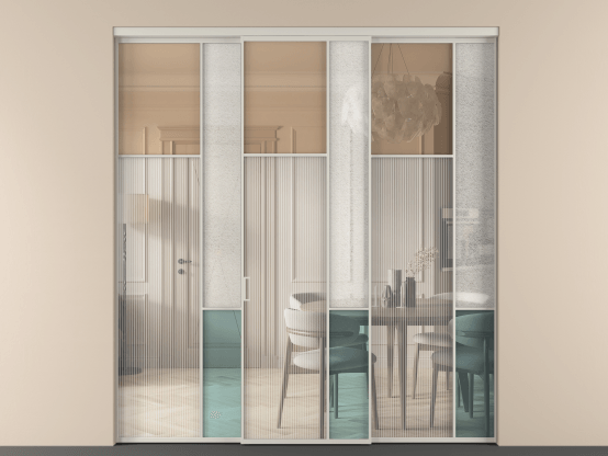 Алюминевая перегородка vn3_7 Алюминий тёплый серый Четыре стекла. Цвет Алюминий тёплый серый. Материал Алюминий в эмали. Коллекция Перегородка Mosaic внутри проёма 3 створки. Картинка.