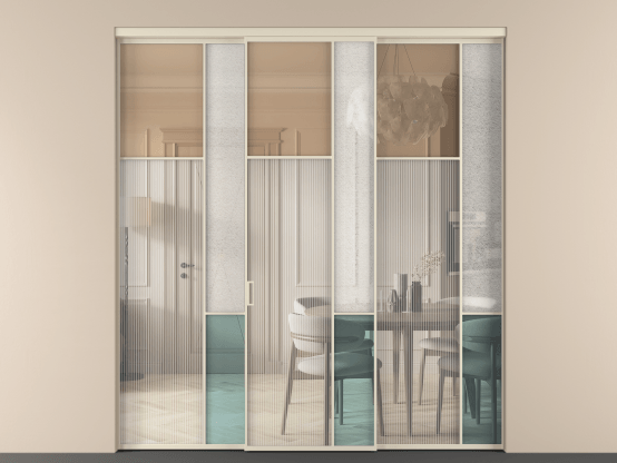 Алюминевая перегородка vn3_7 Алюминий бежево-серый Четыре стекла. Цвет Алюминий бежево-серый. Материал Алюминий в эмали. Коллекция Перегородка Mosaic внутри проёма 3 створки. Картинка.