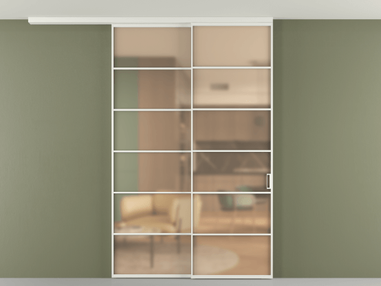 Алюминевая перегородка pv2_2_04_ Алюминий светло-серый Сатинированное оранжевое стекло, триплекс, 6мм. Цвет Алюминий светло-серый. Материал Алюминий в эмали. Коллекция Перегородка Формато вдоль стены на потолок 2 створки с синхронным механизмом. Картинка.