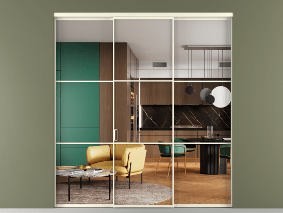 Алюминевая перегородка АЛПР 040.03_АМБ_Crystalvision_new. Цвет Алюминий молочно-белый. Материал Алюминий в эмали. Коллекция Перегородка Formato внутри проёма 3 створки. Картинка.