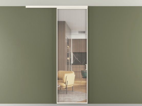 Алюминевая перегородка vd1_01 Алюминий пудровый белый Moru. Цвет Алюминий пудровый белый. Материал Алюминий в эмали. Коллекция Перегородка Formato вдоль стены на потолок 1 створка. Картинка.