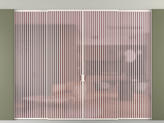 Алюминевая перегородка vn2+2_06 Алюминий пудровый белый Сатинированное розовое стекло, триплекс, 6мм. Цвет Алюминий пудровый белый. Материал Алюминий в эмали. Коллекция Перегородка Formato внутри проёма скрытое крепление в потолок 4 створки. Картинка.