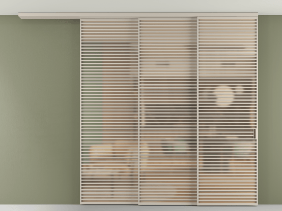 Алюминевая перегородка АЛПР 040.07_АСБЖ_САТ ОРАНЖ_new. Цвет Алюминий светло-бежевый. Материал Алюминий в эмали. Коллекция Перегородка Formato вдоль стены на потолок 3 створки с синхронным механизмом. Картинка.