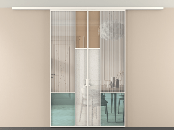 Алюминевая перегородка vdp2_8 Алюминий пудровый белый Четыре стекла. Цвет Алюминий пудровый белый. Материал Алюминий в эмали. Коллекция Перегородка Mosaic вдоль стены на потолок 2 створки. Картинка.