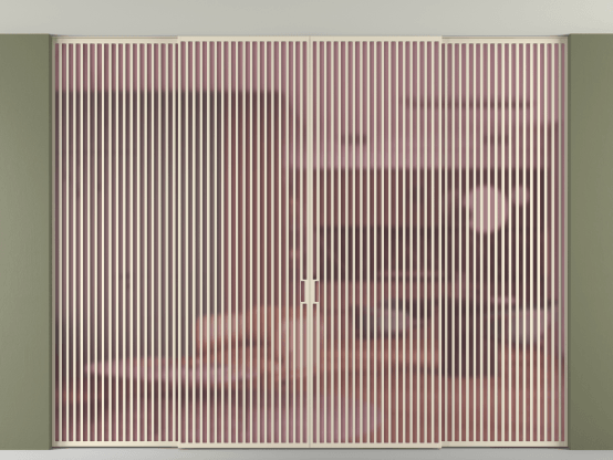 Алюминевая перегородка vn2+2_06 Алюминий бежево-серый Сатинированное розовое стекло, триплекс, 6мм. Цвет Алюминий бежево-серый. Материал Алюминий в эмали. Коллекция Перегородка Formato внутри проёма скрытое крепление в потолок 4 створки. Картинка.