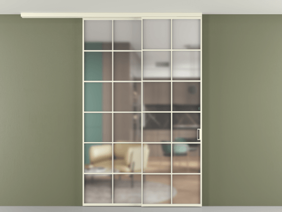 Алюминевая перегородка АЛПР 040.05_АМБ_Matelux Crystalvision_new. Цвет Алюминий молочно-белый. Материал Алюминий в эмали. Коллекция Перегородка Formato вдоль стены на потолок 2 створки с синхронным механизмом. Картинка.